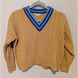 Madewell Tan Sweater with Blue Striped V-Neck Size Small